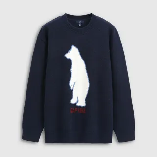 【GAP】男裝 Logo小熊刺繡圓領長袖針織衫-炭灰色(792153)