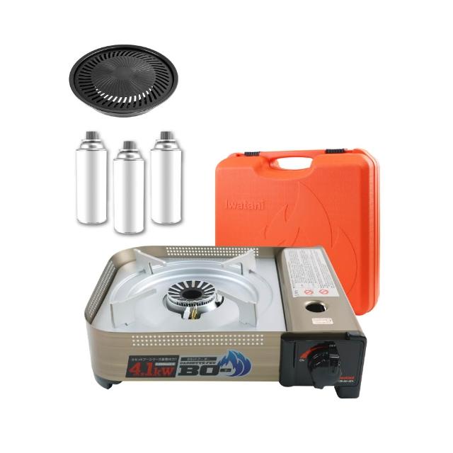 【Iwatani 岩谷】BOⅢ防風磁式瓦斯爐4.1kw附收納殼-贈不沾烤肉盤+瓦斯罐3入(CB-AH-41N+CB-A-YPS+瓦斯罐3入)