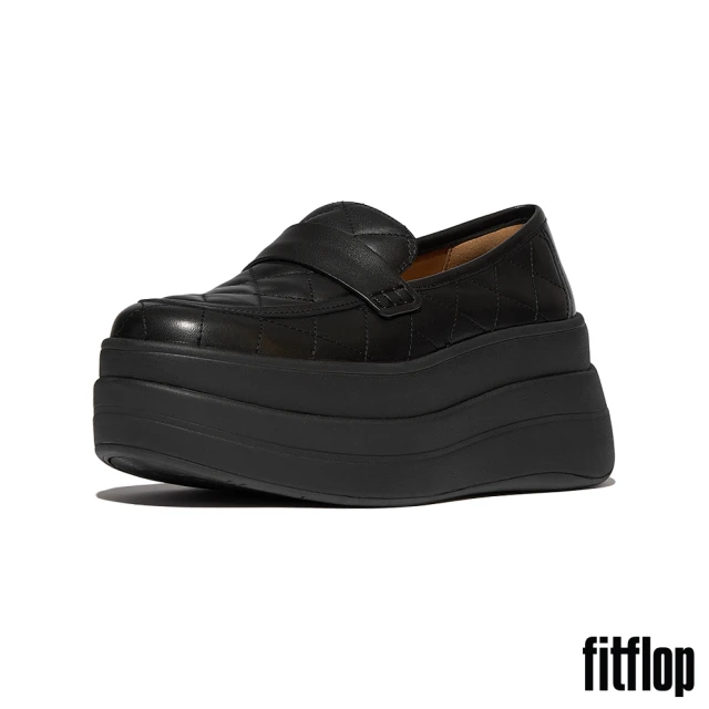 【FitFlop】F-MODE 菱格紋皮革厚底樂福鞋-女(靚黑色)