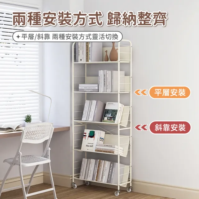 【慢慢家居】升級層板-奶油風超穩固可移動鐵藝五層書架(文件推車 兒童書架 移動書櫃 置物架)