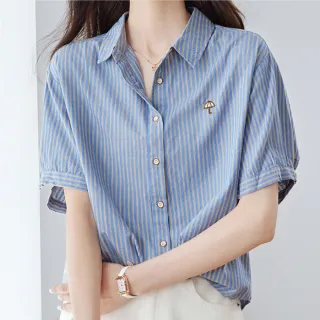 【Alishia】生活感簡約條紋五分袖純棉襯衫 M-2XL(藍色／白色)
