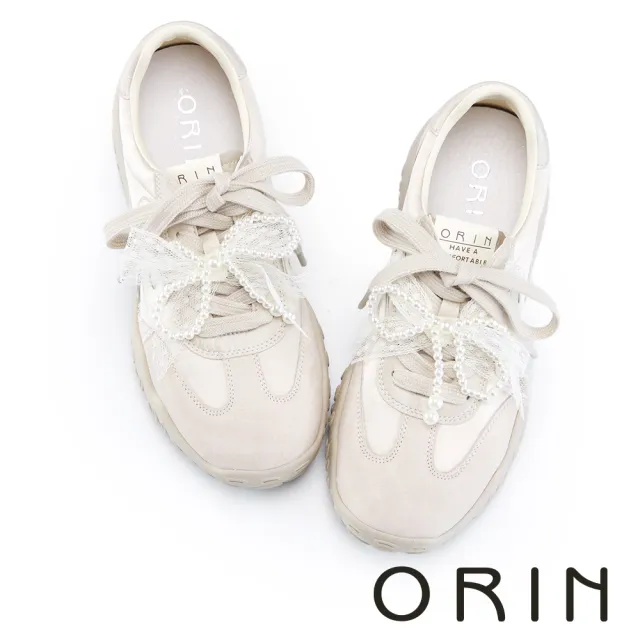 【ORIN】珍珠蕾絲甜感綁帶運動休閒鞋(米色)
