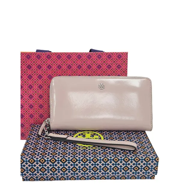 【TORY BURCH】TORY BURCH 夏季新款 亮面櫻花粉手拿兩用長夾(贈原廠紙袋七夕情人節)