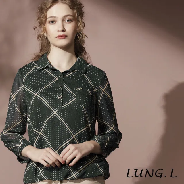 【LUNG.L 林佳樺】LT34A 墨綠色斜格紋點點雪紋九分袖女裝上衣(秋冬新品 加大尺碼)