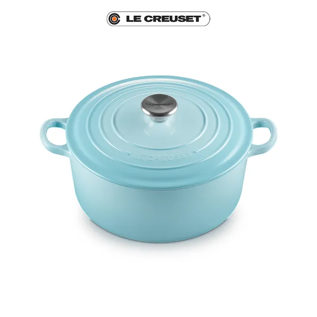 【Le Creuset】琺瑯鑄鐵鍋圓鍋24 cm(水漾藍-鋼頭-內鍋白)
