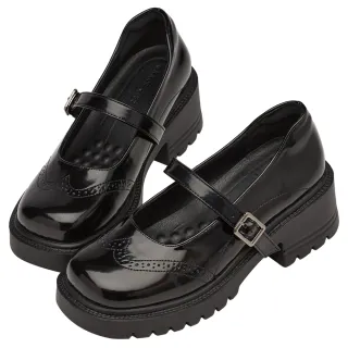 【Grace Gift】英倫雕花輕量厚底瑪莉珍鞋(黑漆)