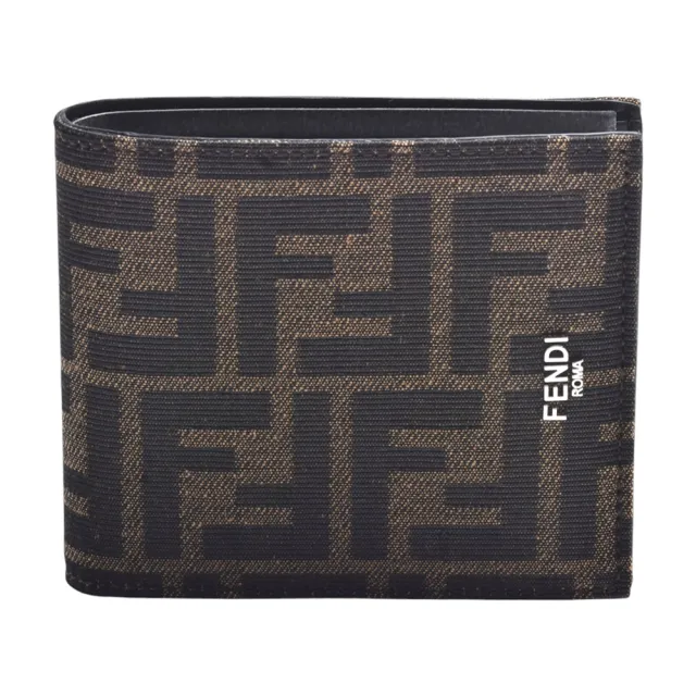 【FENDI 芬迪】經典FF LOGO印花銀色金屬字母小牛皮摺疊短夾(8卡-棕色7M0169-ALWK-F0L3T)
