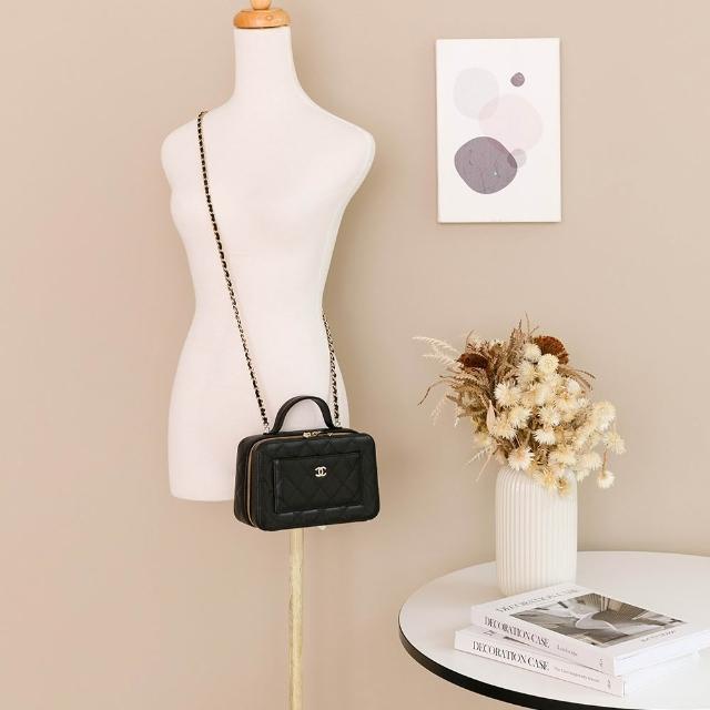 【CHANEL 香奈兒】25B 鍊帶 化妝包(黑/金-粒面/金黑雙色鏈帶)