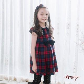 【ANNY’S 安妮公主】童裝 氣質歐式格紋小圓領蝴蝶結秋冬款公主袖洋裝(3258藍色)