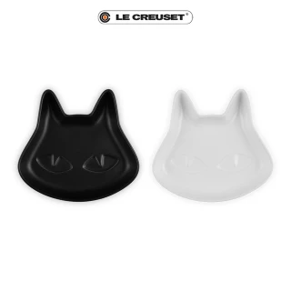 【Le Creuset】瓷器萬聖節貓咪造型盤2入-14cm(沉靜黑/雪花白)