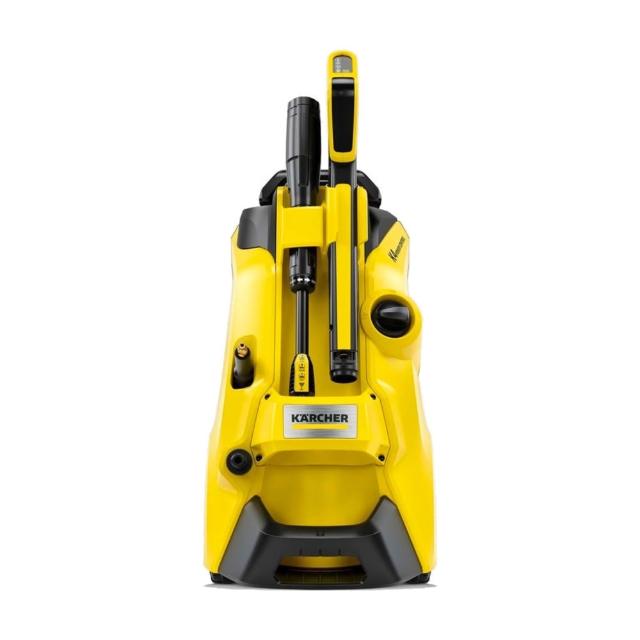  KARCHER 凱馳 K4P 高壓清洗機，黃色系手持式設計，適閤家庭清潔使用。連線水管即可運作，無儲水功能，具可洗式集塵筒方便維護。尺寸約 332 x 426 x 872 mm，重量 12.833 kg (不含配件)，電壓 110V。中國製造，提供 1 年保固。高效清潔車輛、地板與戶外表面，BSMI 認證，持久耐用。 