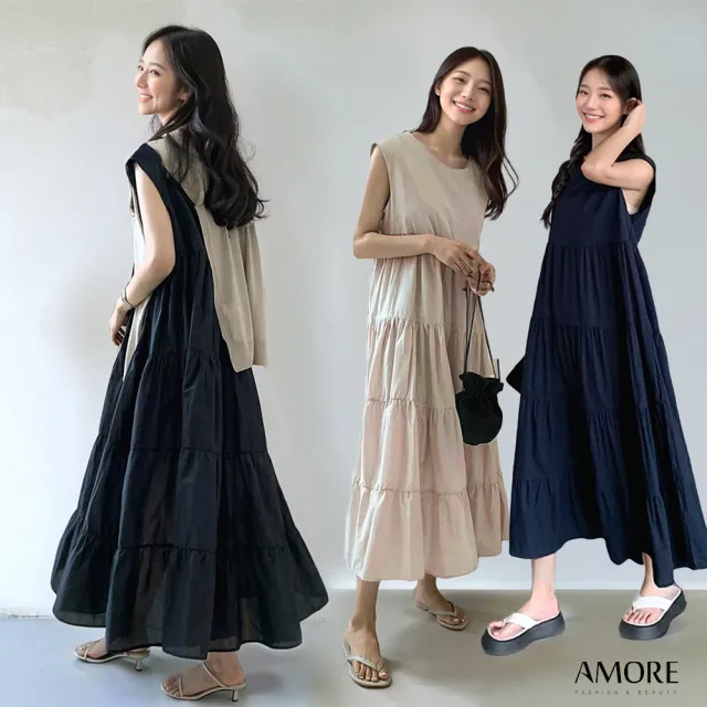 【Amore】日系圓領無袖長版蛋糕連衣裙 無袖上衣(清新簡約百搭)