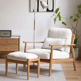 【hoi! 好好生活】預購60天★YW柏林橡木實木仿棉單人沙發椅0.7M(含腳凳) 原木色+米白色 Y83H04