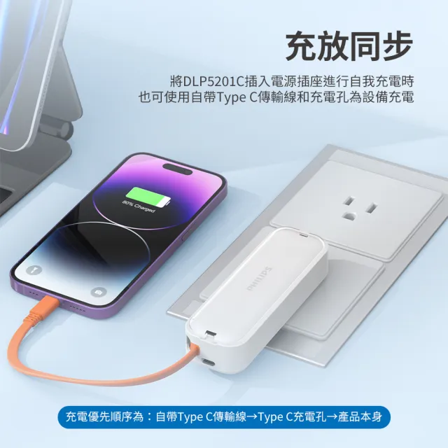 【Philips 飛利浦】DLP5201C 4900mAh FunCube BAR 22.5W AC自帶Type-C線行動電源(是旅充也是行充_具Wh標示)