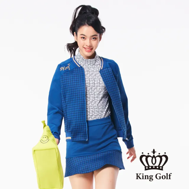 【KING GOLF】速達-網路獨家單特-千鳥格壓紋拼接魚尾運動短裙(寶藍)