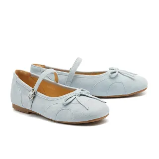 【MISS 21】復古少女全真皮蝴蝶結大頭瑪莉珍平底鞋(藍)