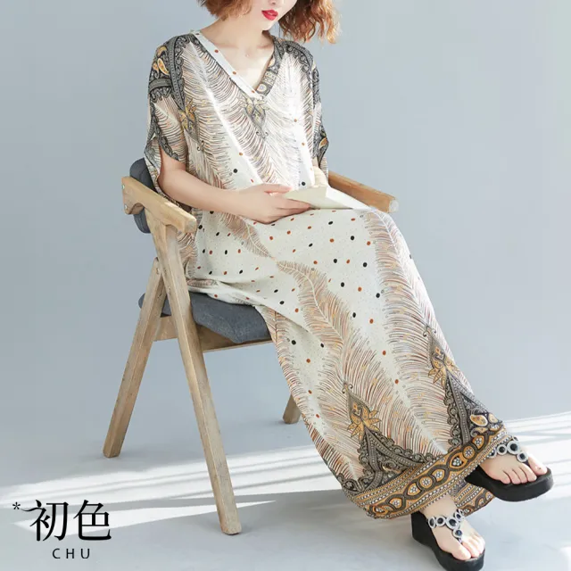 【初色】棉麻風休閒印花寬鬆顯瘦連衣裙長洋裝-10款任選-67993(M-2XL/F可選)