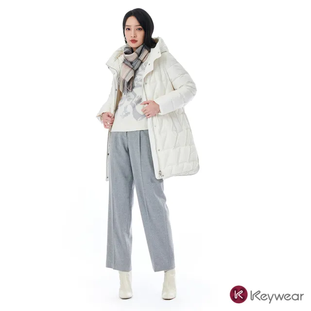 【KeyWear 奇威名品】白鴨絨連帽長版羽絨外套(共2色)