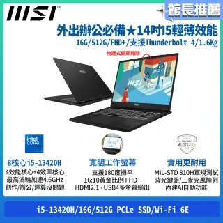 【MSI 微星】14吋i5-13420H 輕薄效能筆電(Modern 14 H/16G/512G SSD/Win11/D13MG-267TW)