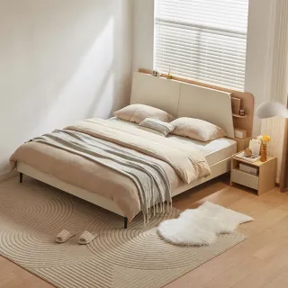 【hoi! 好好生活】Linsy簡約雙色床頭儲物雙人床架150x200 原木+灰色