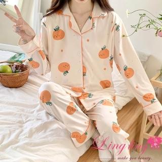 【lingling】全尺碼-微笑甜橘側掀哺乳衣牛奶絲長袖二件式睡衣組 孕婦睡衣居家服(PA4397-米白橘子)