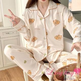 【lingling】全尺碼-南瓜熊側掀哺乳衣牛奶絲長袖二件式睡衣組 孕婦睡衣居家服(PA4395-米白南瓜熊)