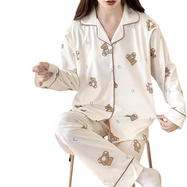 【lingling】全尺碼-熊熊側掀哺乳衣牛奶絲長袖二件式睡衣組 孕婦睡衣居家服(PA4394-米杏熊熊)