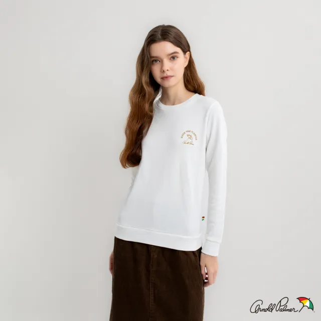 【Arnold Palmer 雨傘】女裝-刺繡小傘LOGO長袖圓領大學T(白色)