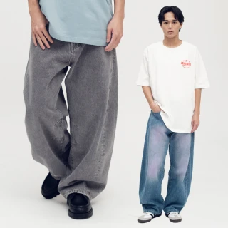 【plain-me】男女款 打褶闊腿牛仔褲 PLN3819-252(水洗藍 丹寧 長褲 牛仔褲 寬褲 休閒長褲 落地褲)