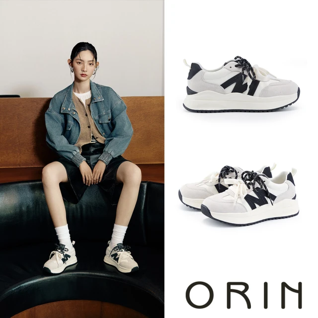 【ORIN】復古撞色磨砂真皮綁帶厚底休閒鞋(米色)