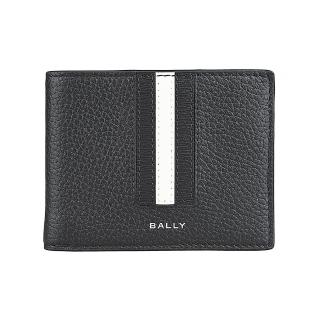 【BALLY】BALLY Ribbon 銀字烙印LOGO小牛皮黑白線條6卡對開短夾(男款/黑)