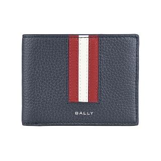 【BALLY】BALLY Ribbon 英文燙印LOGO小牛皮紅白線條6卡對開短夾(男款/午夜藍)