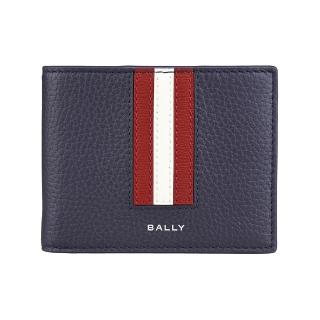 【BALLY】BALLY Ribbon 英文燙印LOGO小牛皮紅白線條6卡對開短夾(男款/深藍)