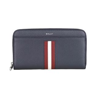 【BALLY】BALLY Ribbon 燙印LOGO小牛皮紅白直條紋12卡拉鍊長夾(男款/午夜藍)
