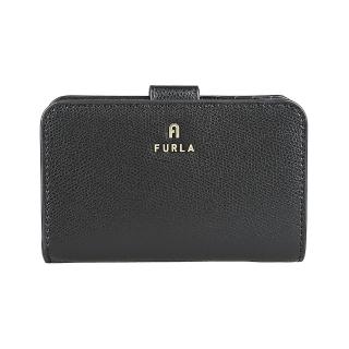 【FURLA 芙拉】FURLA Camelia 立體金字LOGO牛皮10卡壓釦拉鍊袋中夾(黑)