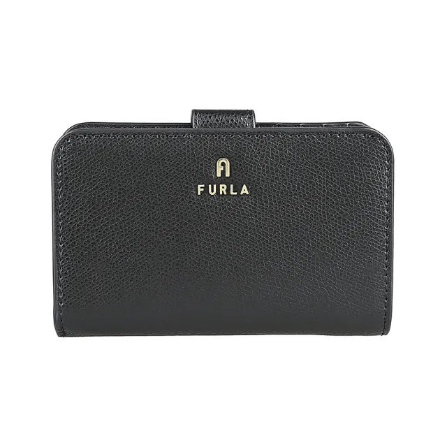 【FURLA 芙拉】FURLA Camelia 立體金字LOGO牛皮10卡壓釦拉鍊袋中夾(黑)
