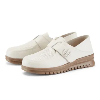 【MAGY】舒適牛皮造型圓釦厚底休閒鞋(米色)