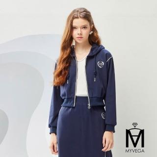 【MYVEGA 麥雪爾】MA休閒風logo刺繡連帽套裝外套-藍