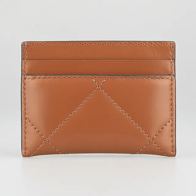 【TORY BURCH】TORY BURCH Kira Diamond立體雙T金字LOGO小牛皮4卡開口式卡片夾(栗子棕)