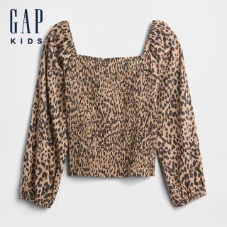 【GAP】女童裝 印花方領長袖上衣-卡其色(797099)