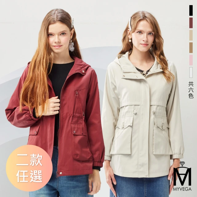 【MYVEGA 麥雪爾】MA棉質小花收腰/斜剪接防風輕量連帽風衣外套-二款任選(連帽外套/風外/保暖外套/女外套)