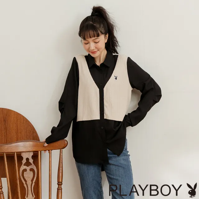【PLAYBOY】假兩件背心式雪紡襯衫(黑色)