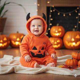 【橘魔法】南瓜小惡魔棉絨長袖連身包屁衣+小翅膀(萬聖節服裝 角色扮演 裝扮 男童 女童 童裝)
