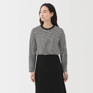 【MUJI 無印良品】女天竺圓領長袖T恤(煙燻藍/摩卡棕橫紋/白色/灰色/黑色/灰白橫紋/黑橫紋)
