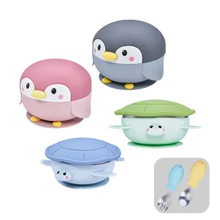 【KOM】海洋系列｜316不鏽鋼兒童矽膠學習隔熱碗-1入組(另贈飛魚湯匙*1+叉子*1)