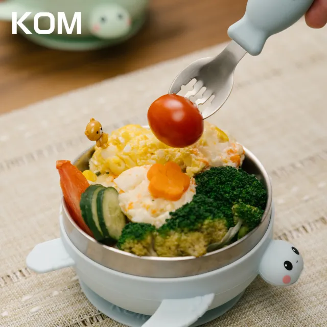 【KOM】海洋系列｜316不鏽鋼兒童矽膠學習隔熱碗-2入組(另贈飛魚湯匙*2+叉子*2+小鯨魚抽繩提袋*1)