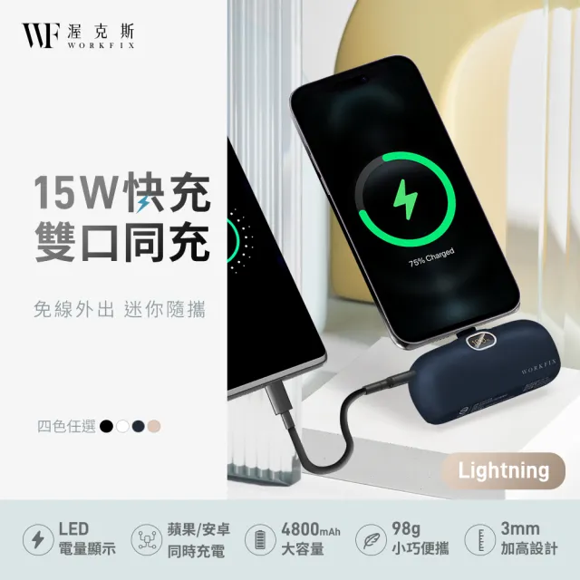 【WORKFIX 渥克斯】PD 20WType-C/15W Lightning 雙快充迷你口袋直插行動電源(4800mAh)