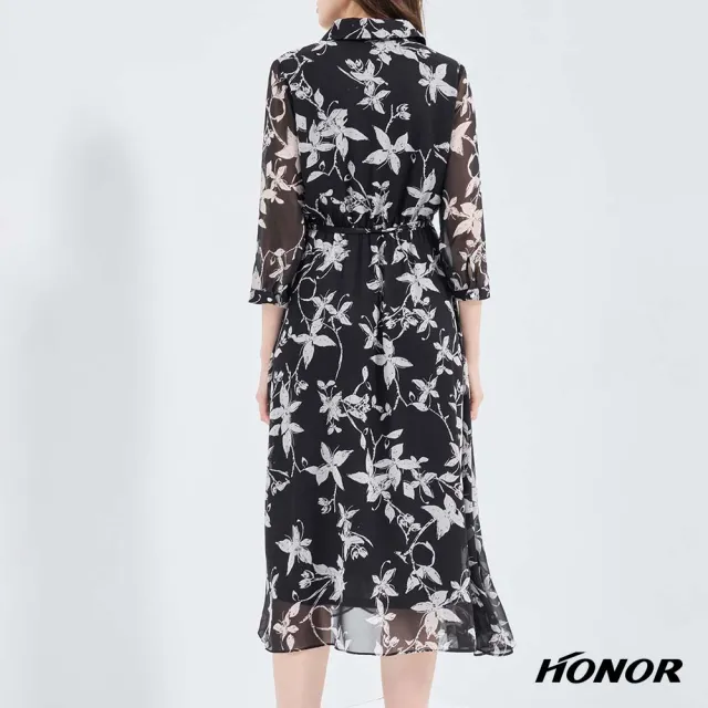 【HONOR 山形屋】出清品 滿版花葉珍珠飾透膚袖綁帶洋裝-黑(限定出清)