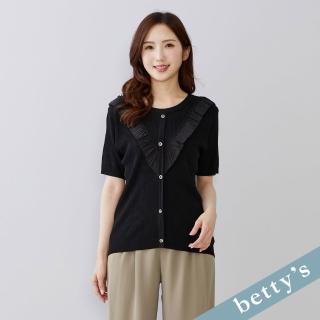 【betty’s 貝蒂思】出清品 雪紡紗蕾絲荷葉邊針織短袖上衣(黑色)