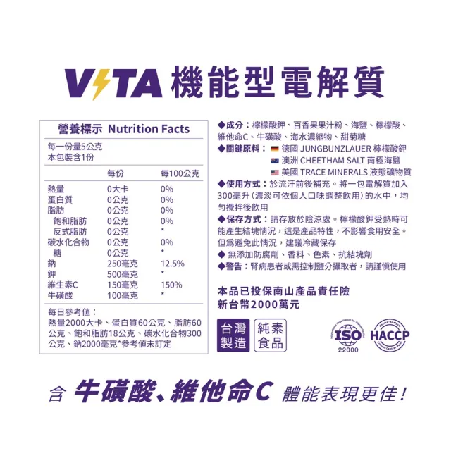 【yourvita 優維特】Vita機能型電解質粉 百香口味 無添加糖 5gx30包/盒(添加牛磺酸有效緩解疲憊感)
